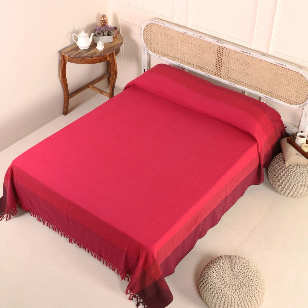 Handwoven Rich Cotton Double Bed Cover In Berry Tones | Queen Size | Handmade In India