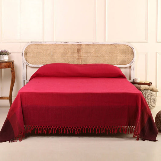 Handwoven Rich Cotton Double Bed Cover In Berry Tones | Queen Size | Handmade In India