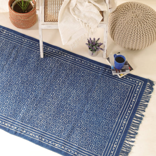 Indigo Cotton Block Printed Rug In 3 x 5 ft | Lattice Print | Handcrafted In India