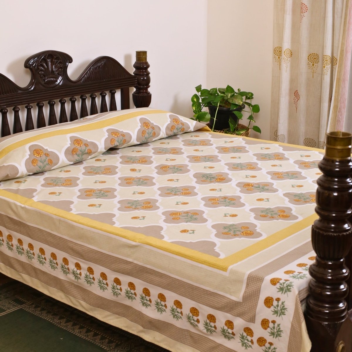 Ivory and Taupe Cotton Bedcover | Marigold Collection