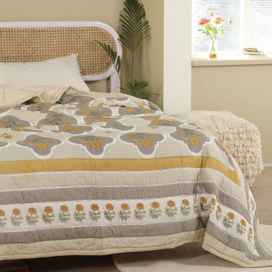 Ivory, Taupe and Mustard Fine Cotton Quilt | Marigold Collection