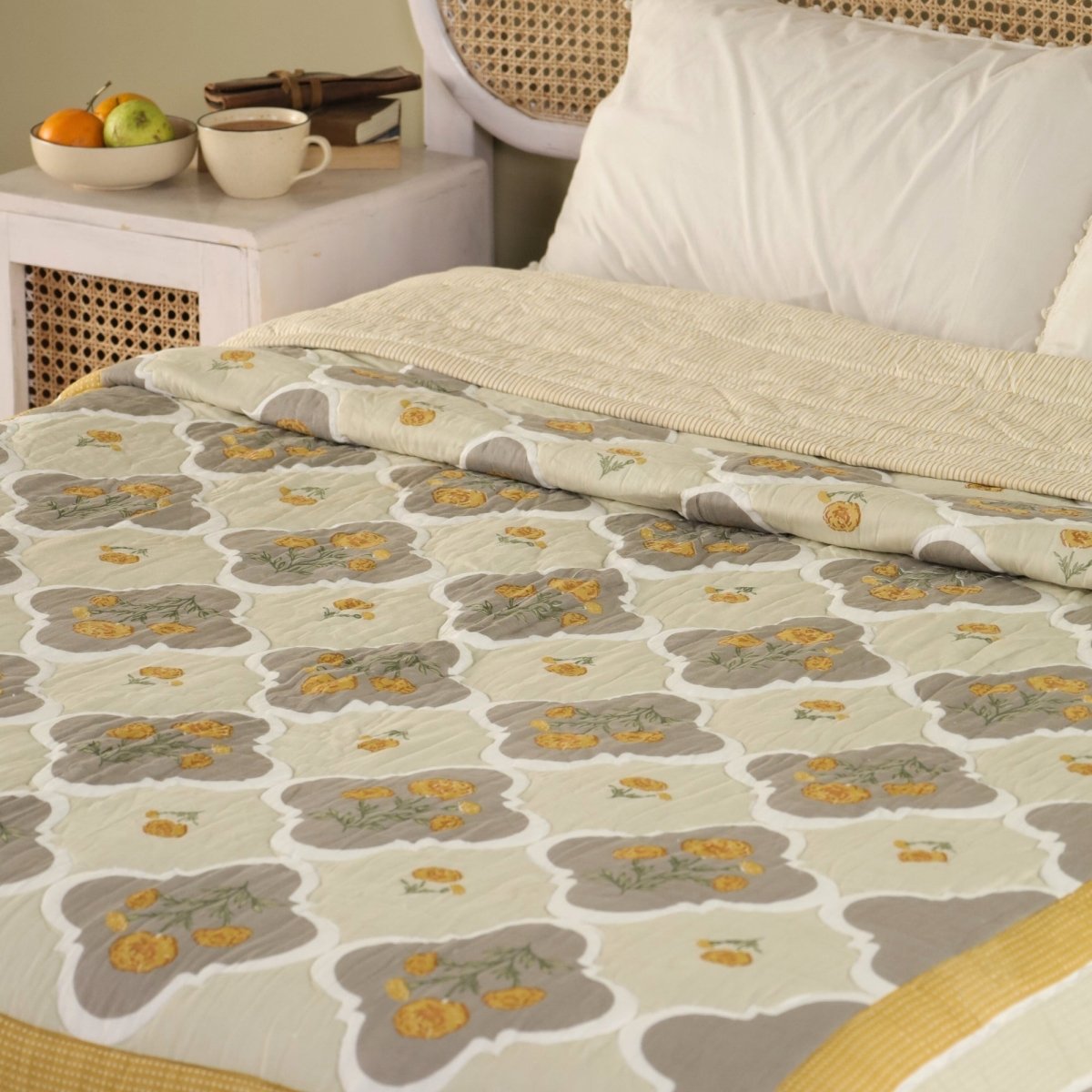 Ivory, Taupe and Mustard Fine Cotton Quilt | Marigold Collection