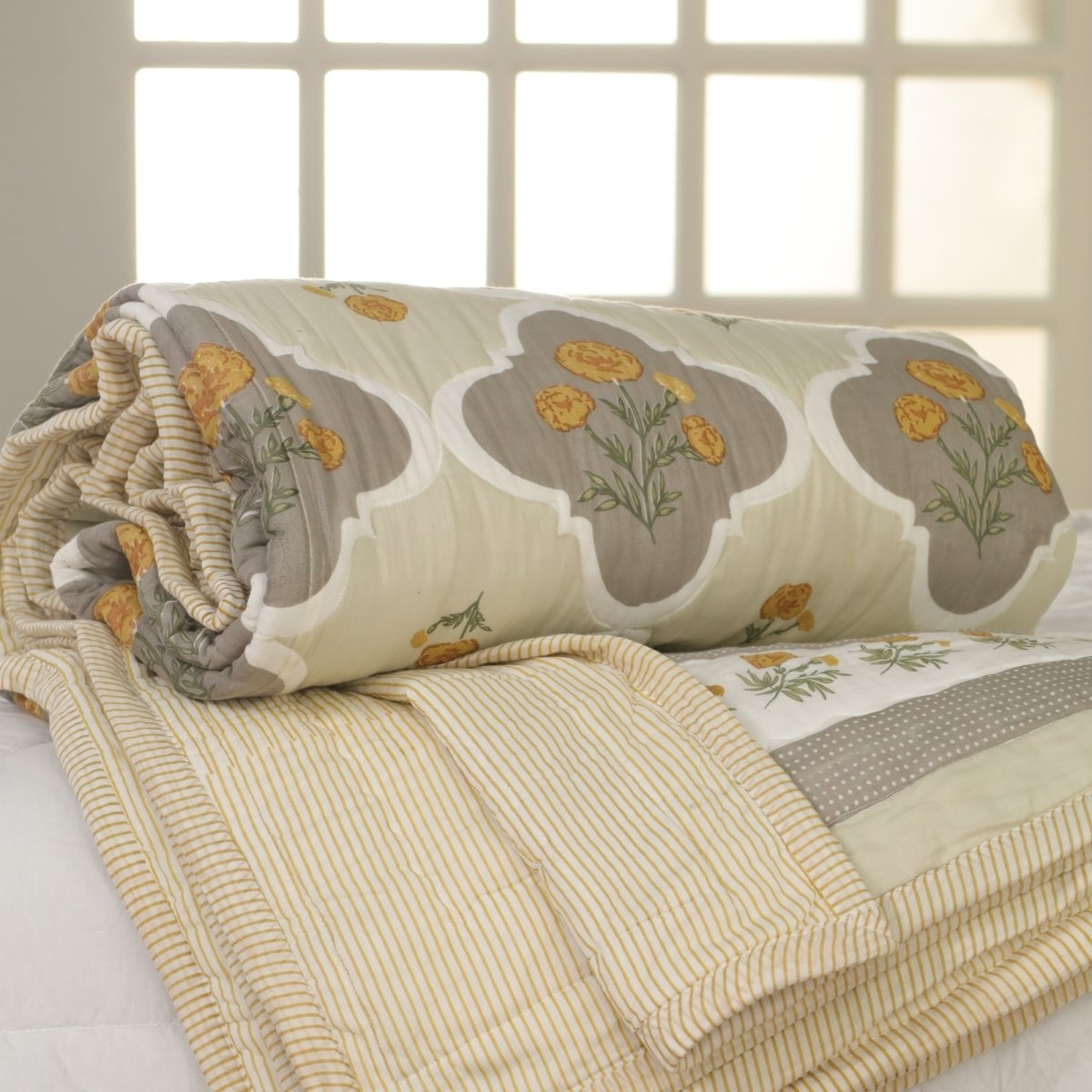 Ivory, Taupe and Mustard Fine Cotton Quilt | Marigold Collection