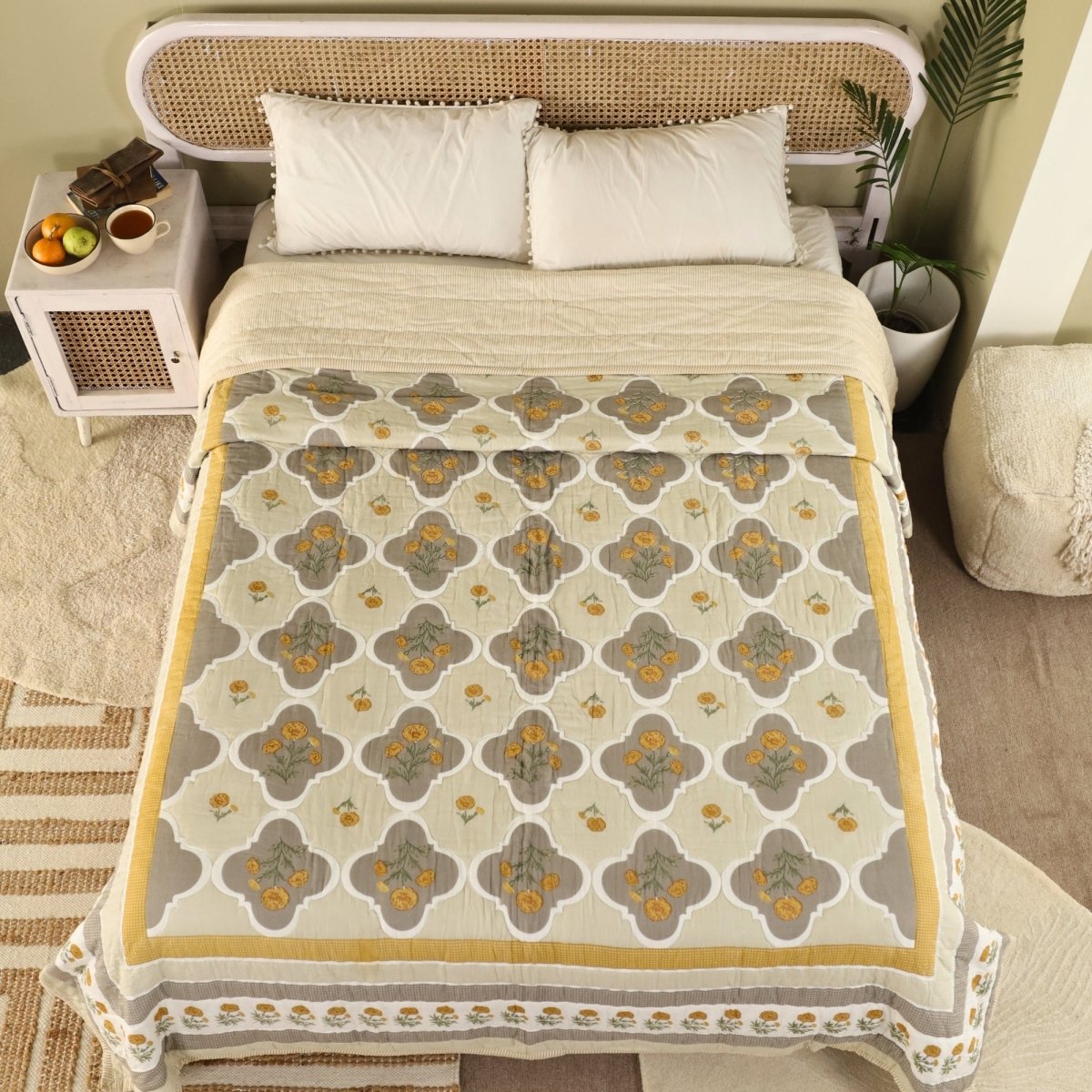 Ivory, Taupe and Mustard Fine Cotton Quilt | Marigold Collection