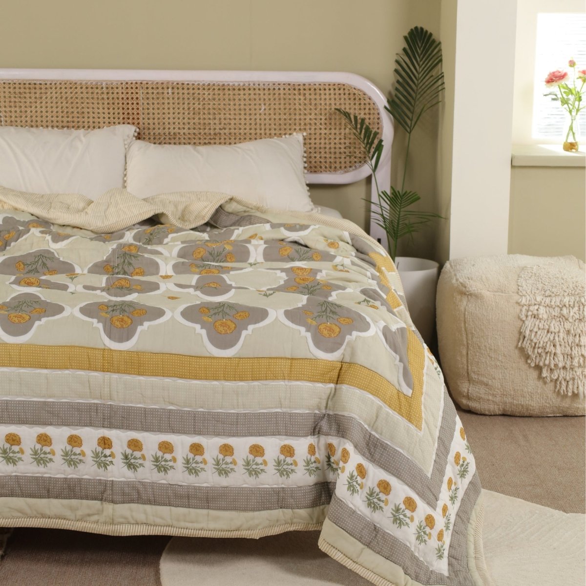 Ivory, Taupe and Mustard Fine Cotton Quilt | Marigold Collection