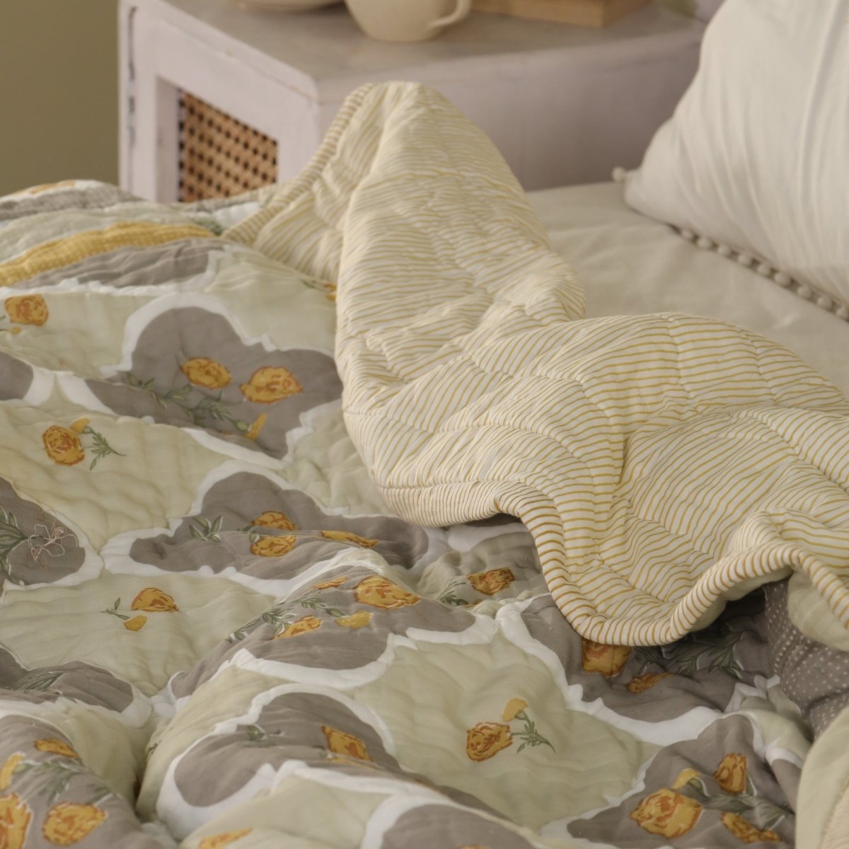 Ivory, Taupe and Mustard Fine Cotton Quilt | Marigold Collection