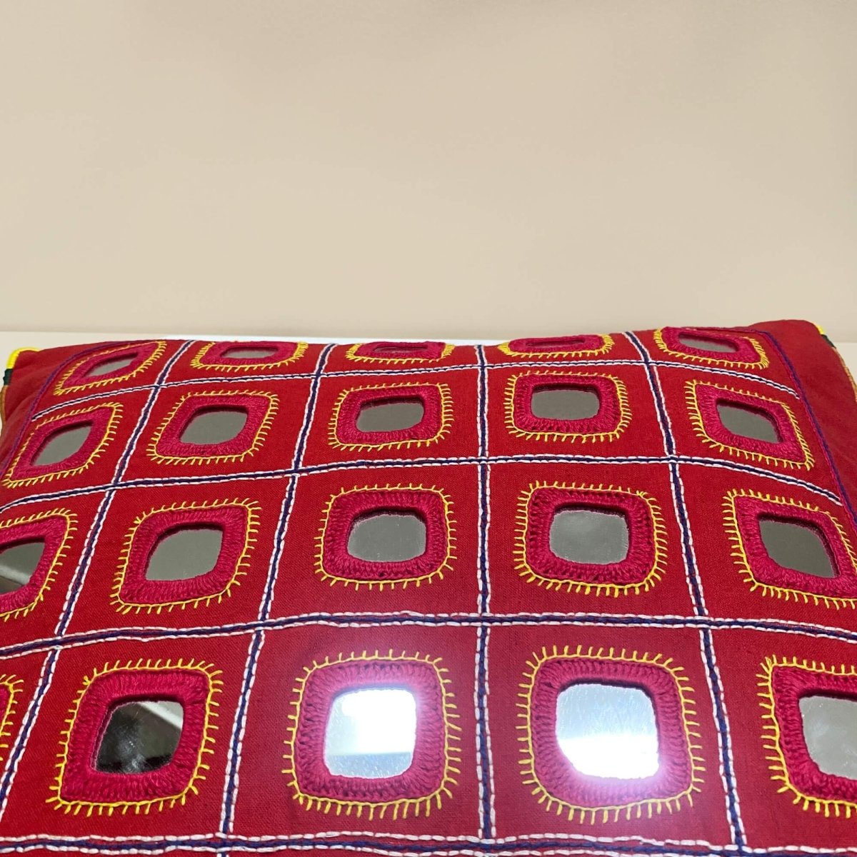 Red Lambani Starlight cushion cover, featuring traditional craftsmanship 
