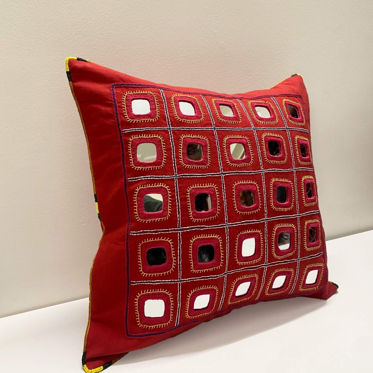 Hand Embroidered Mirror & Thread-Work cushion cover - Lambani cushion cover in Scarlet