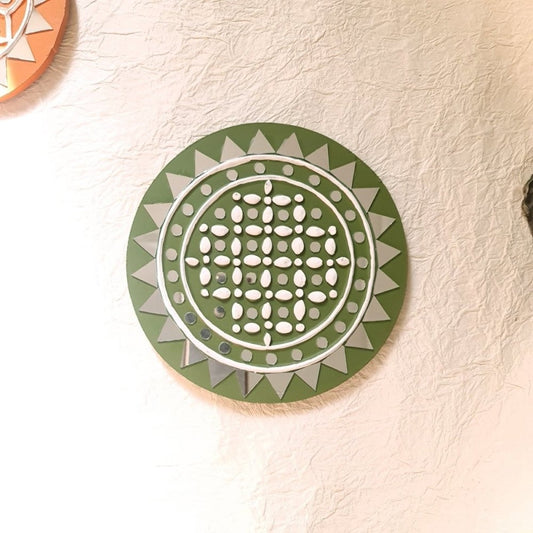 Olive round handcrafted mud and mirror work wall art, adding a rustic and elegant touch