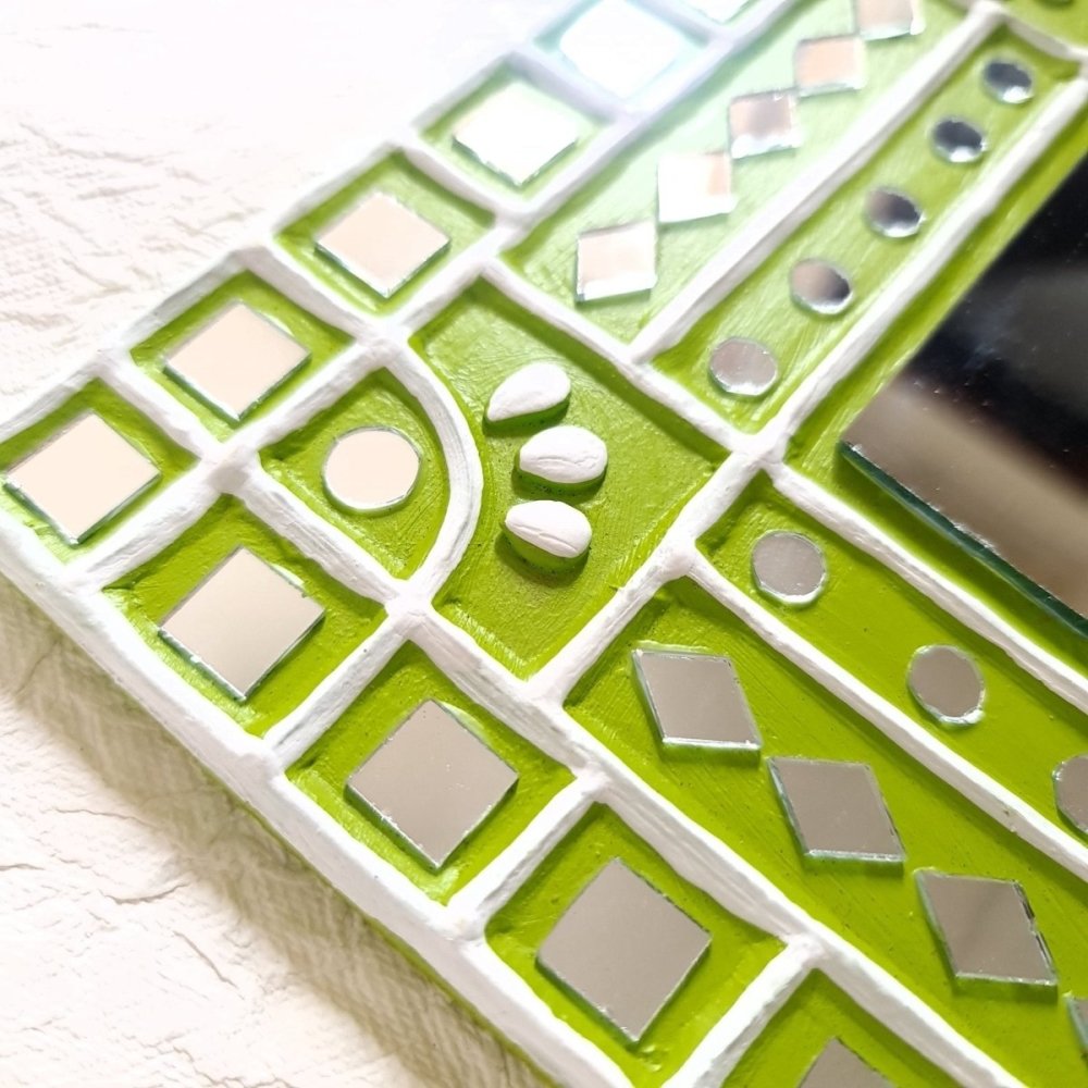 Lime green handcrafted mirror work wall decor, featuring intricate design and vibrant hues