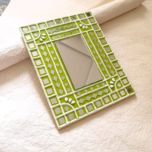 Lime green handcrafted mirror work wall decor, adding a vibrant and elegant touch