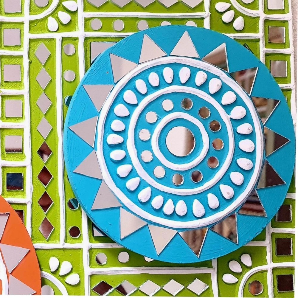Sky Blue Clay and Mirror Lippan Art Piece for Festival Gifting 
