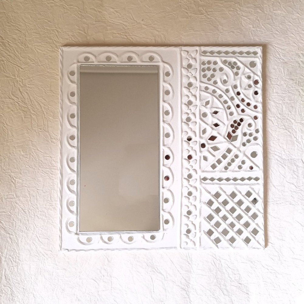 White Clay & Mirror Lippan Art Piece Inspired by Kutch Culture