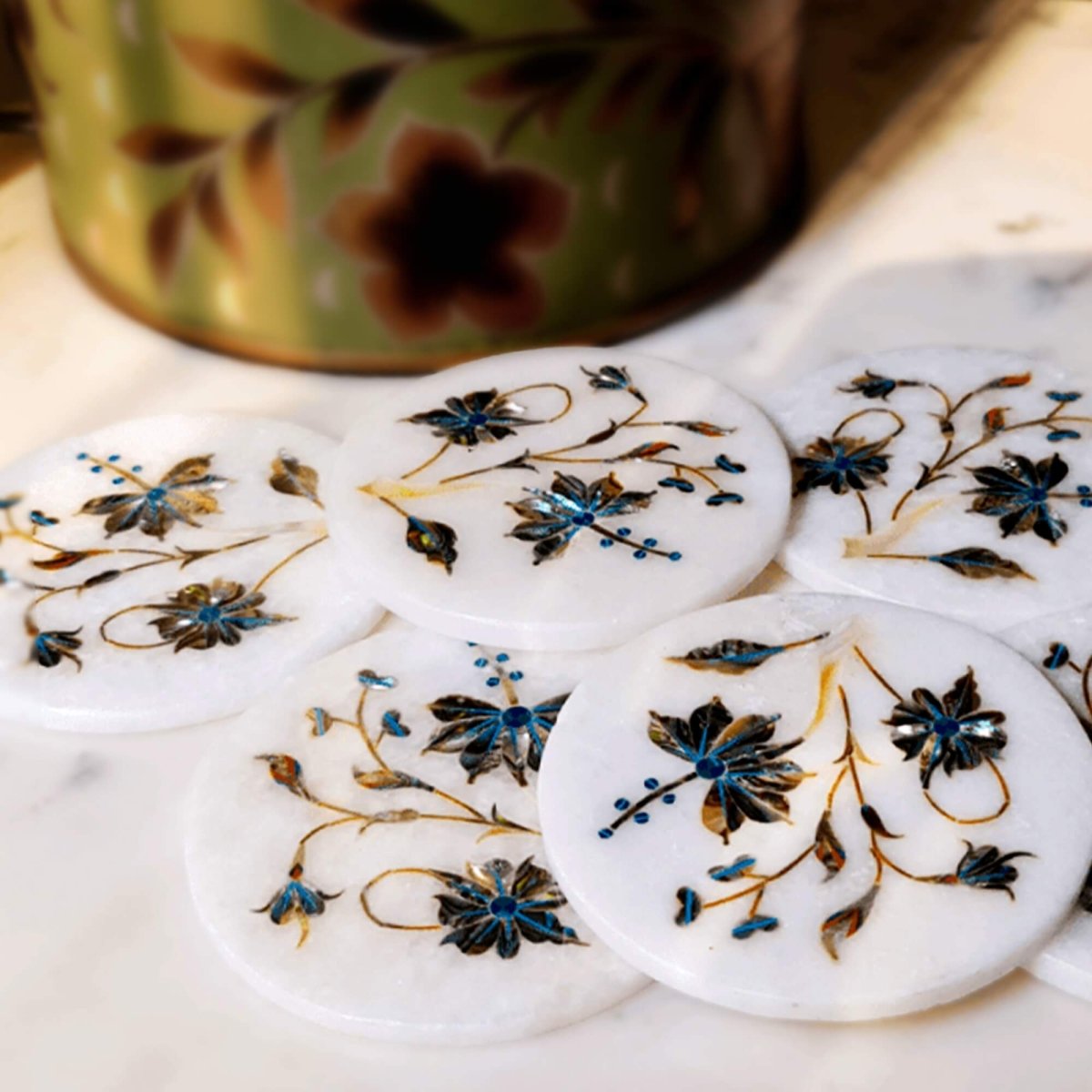Marble Coaster Set with Mother of Pearl Inlay (Set Of 2)