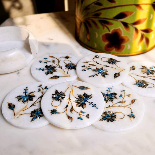 Mother of pearl on marble inlay coasters inspired by the Taj Mahal, adding opulence to your decor