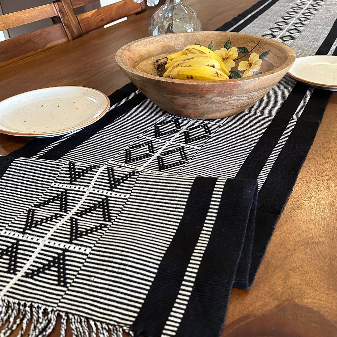 Monochrome Handwoven Diamond  Motif Table Runner