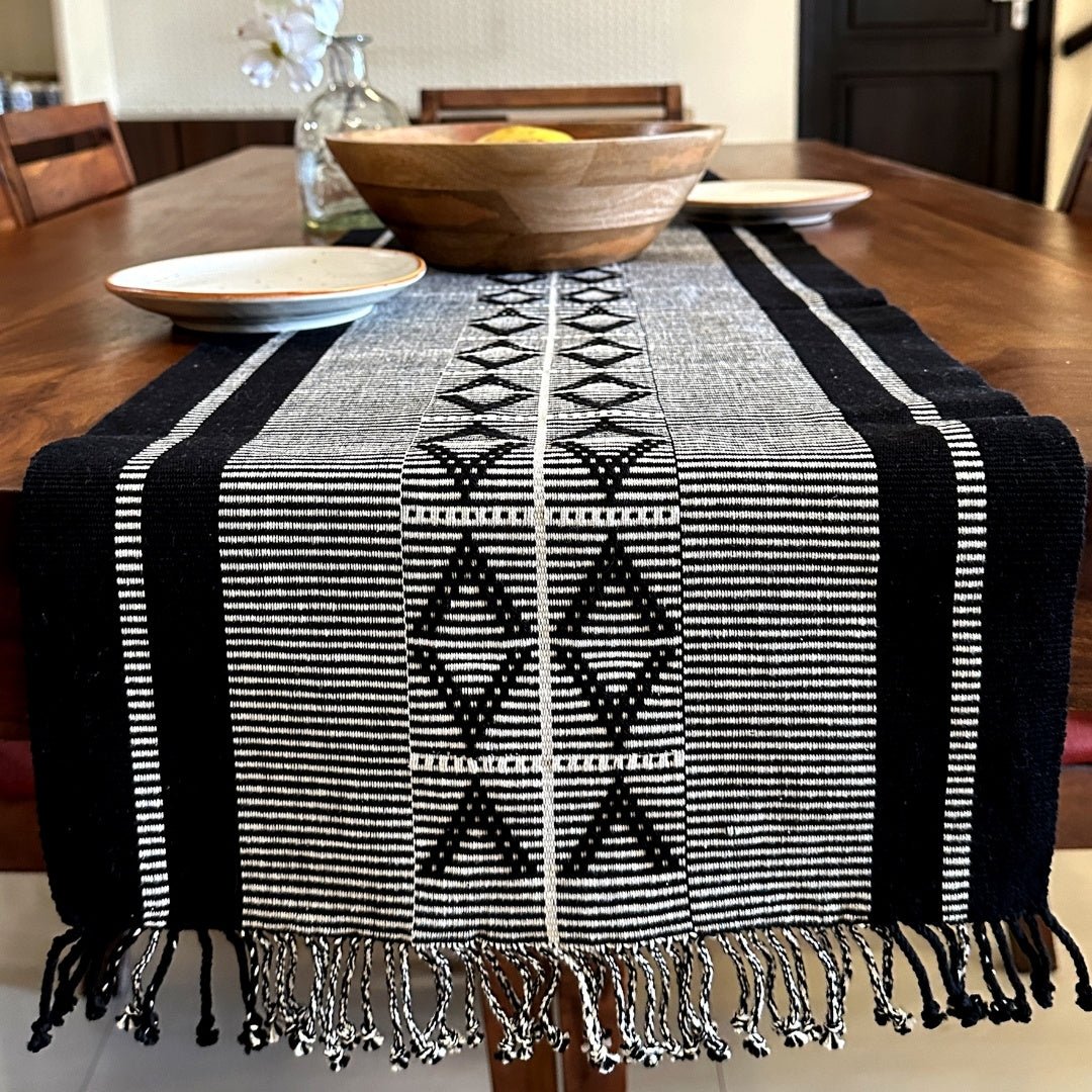 Monochrome Handwoven Diamond  Motif Table Runner