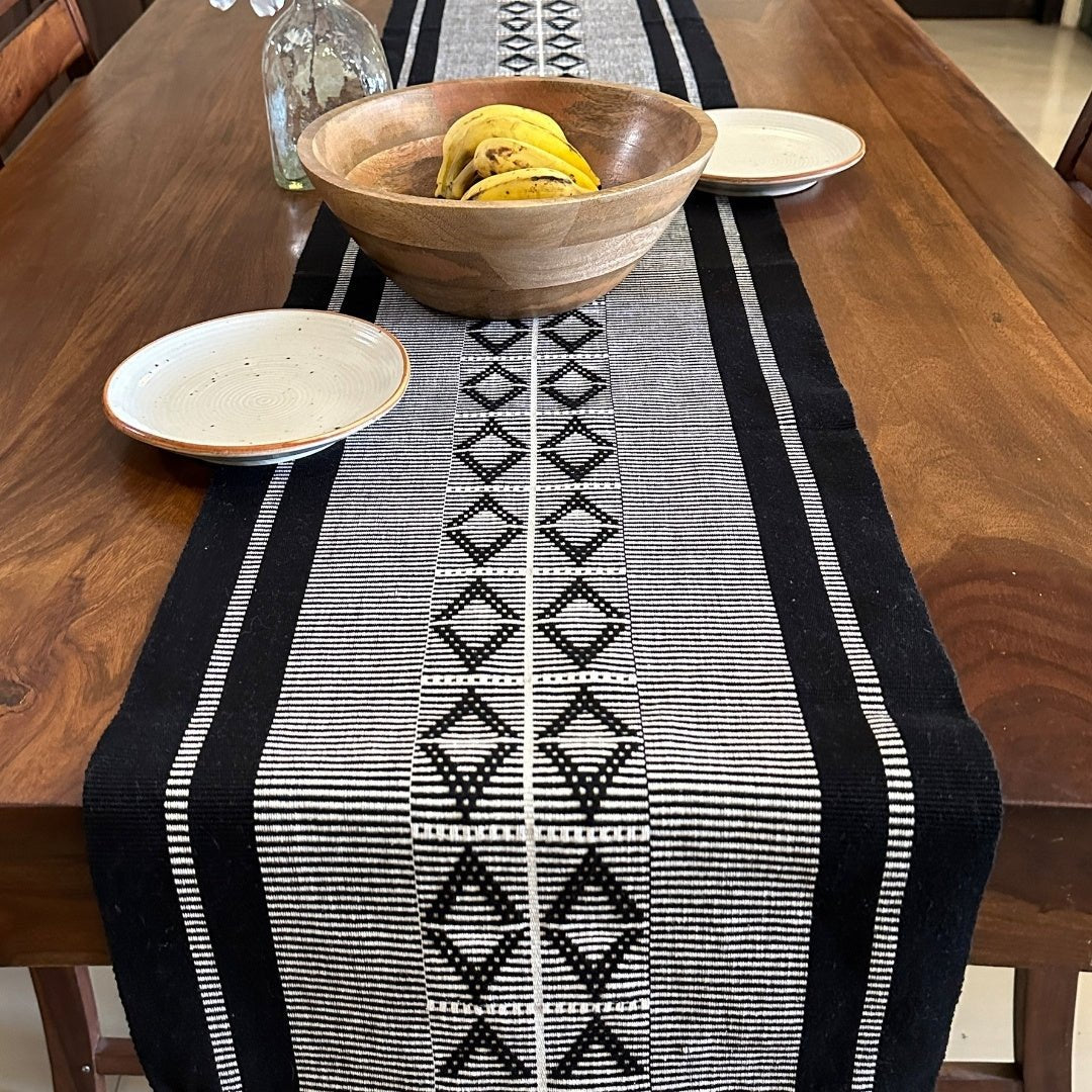 Monochrome Handwoven Diamond  Motif Table Runner