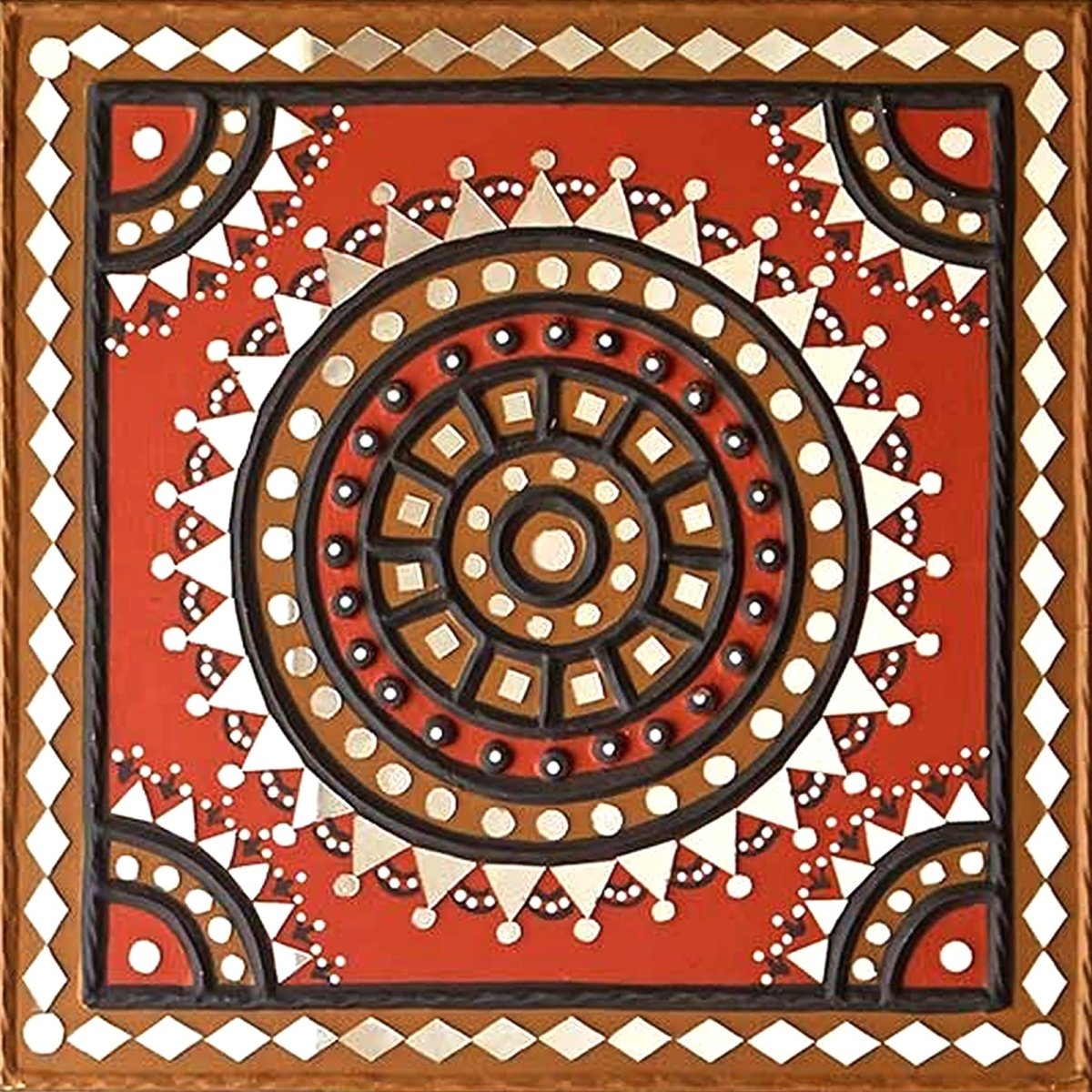 Red and black handcrafted square mud wall art, featuring a striking color combination