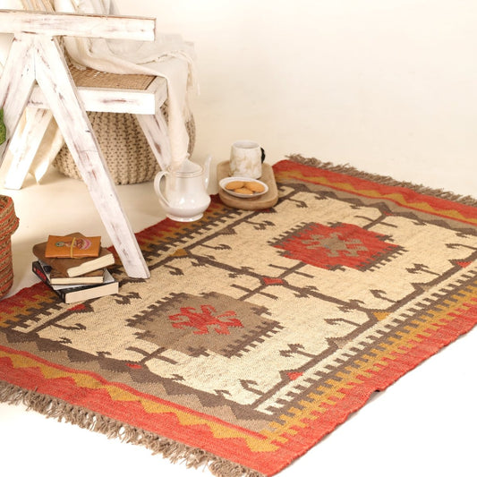 Multicoloured Sustainable Rug In 3 x 5 ft | Kilim Pattern | Handcrafted In India