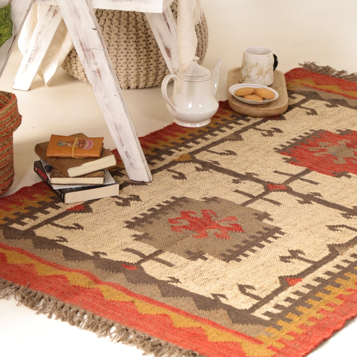Multicoloured Sustainable Rug In 3 x 5 ft | Kilim Pattern | Handcrafted In India