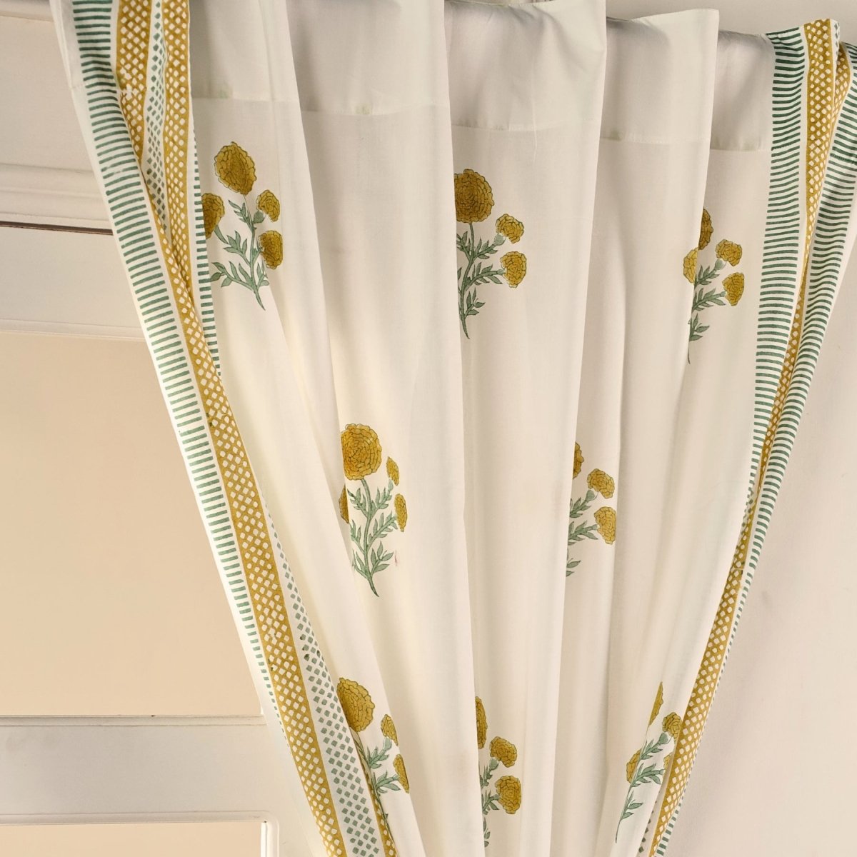Mustard and Teal Sheer Cotton Window And Door Curtains | 5 / 7 ft | Marigold Collection