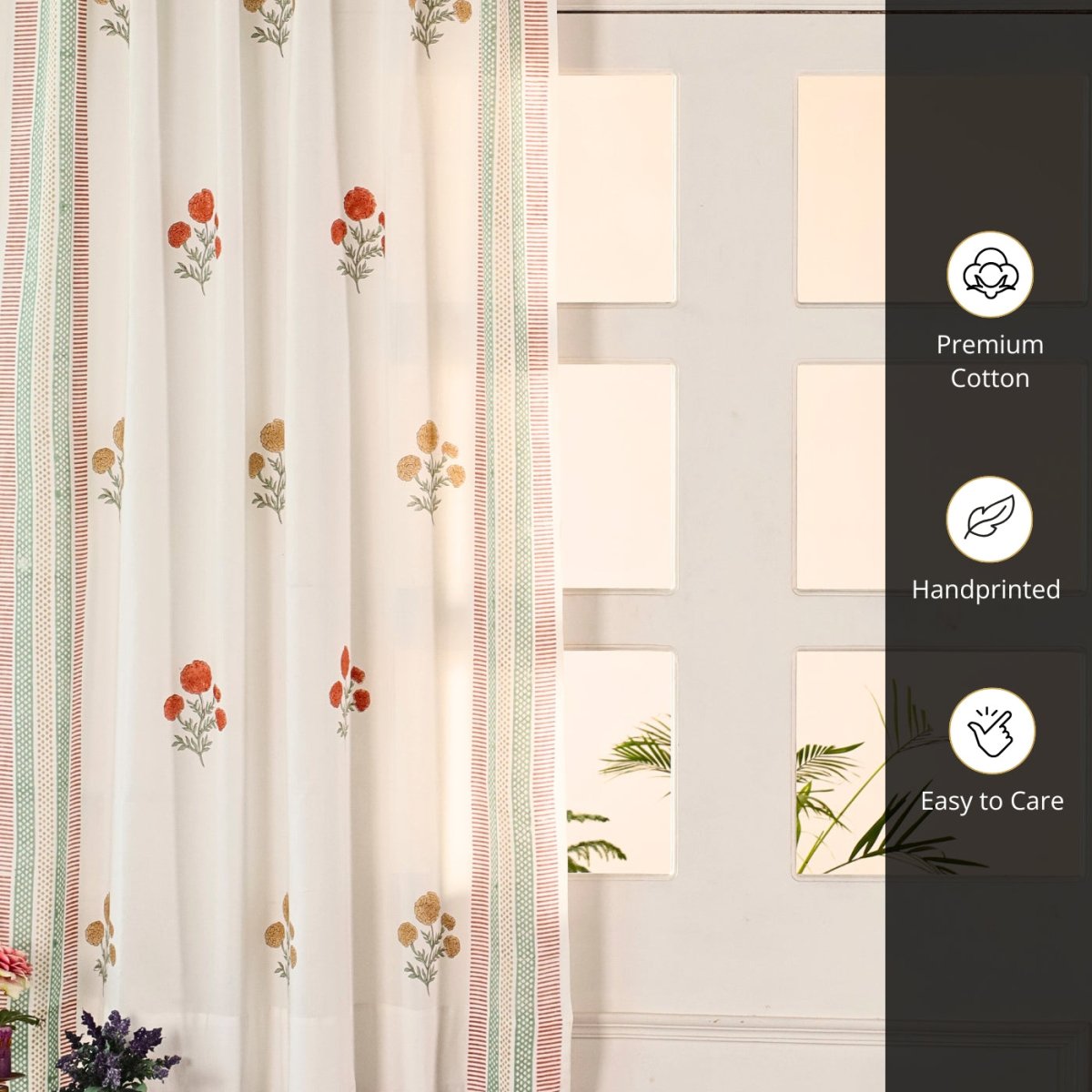 Mustard and Teal Sheer Cotton Window And Door Curtains | 5 / 7 ft | Marigold Collection