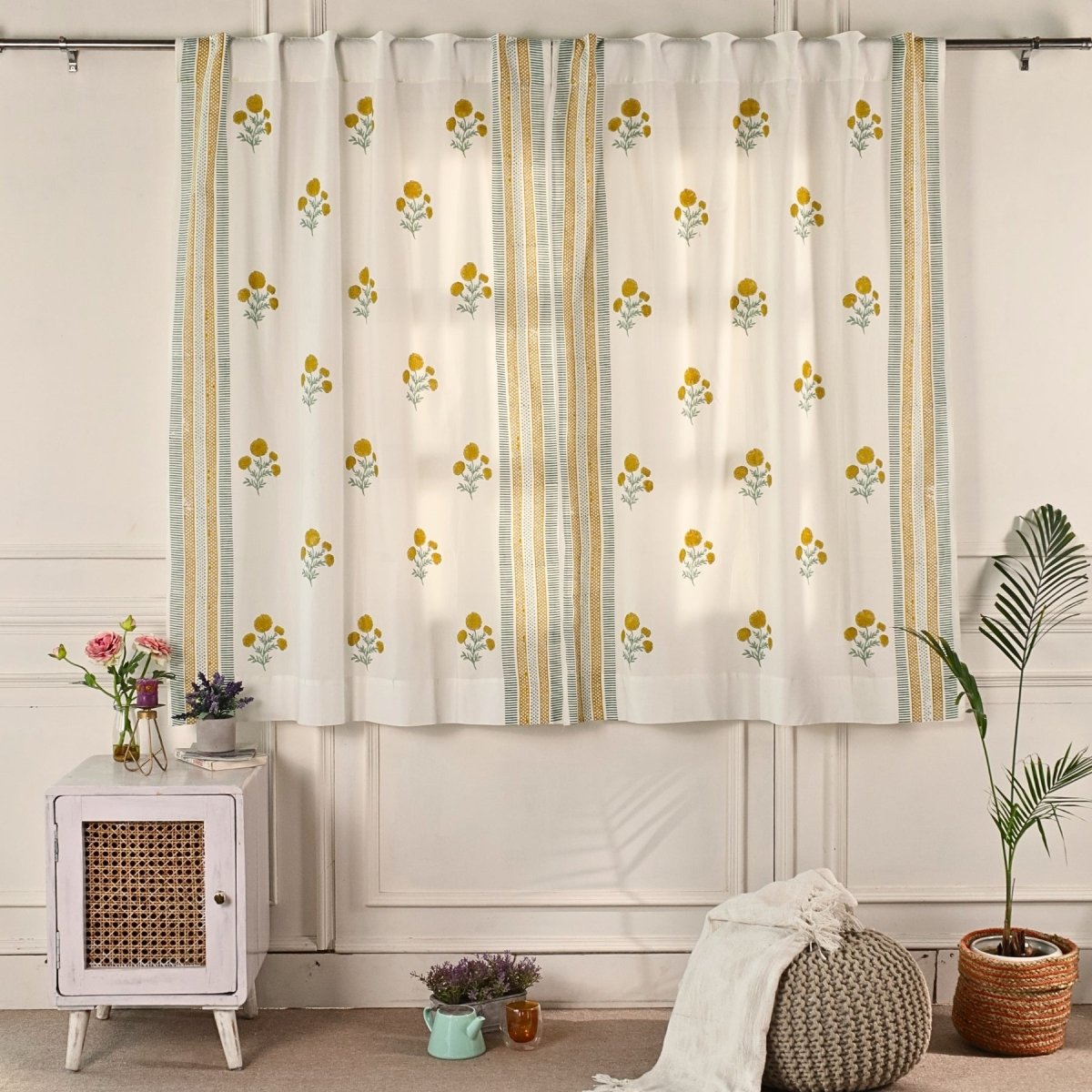 Mustard and Teal Sheer Cotton Window And Door Curtains | 5 / 7 ft | Marigold Collection