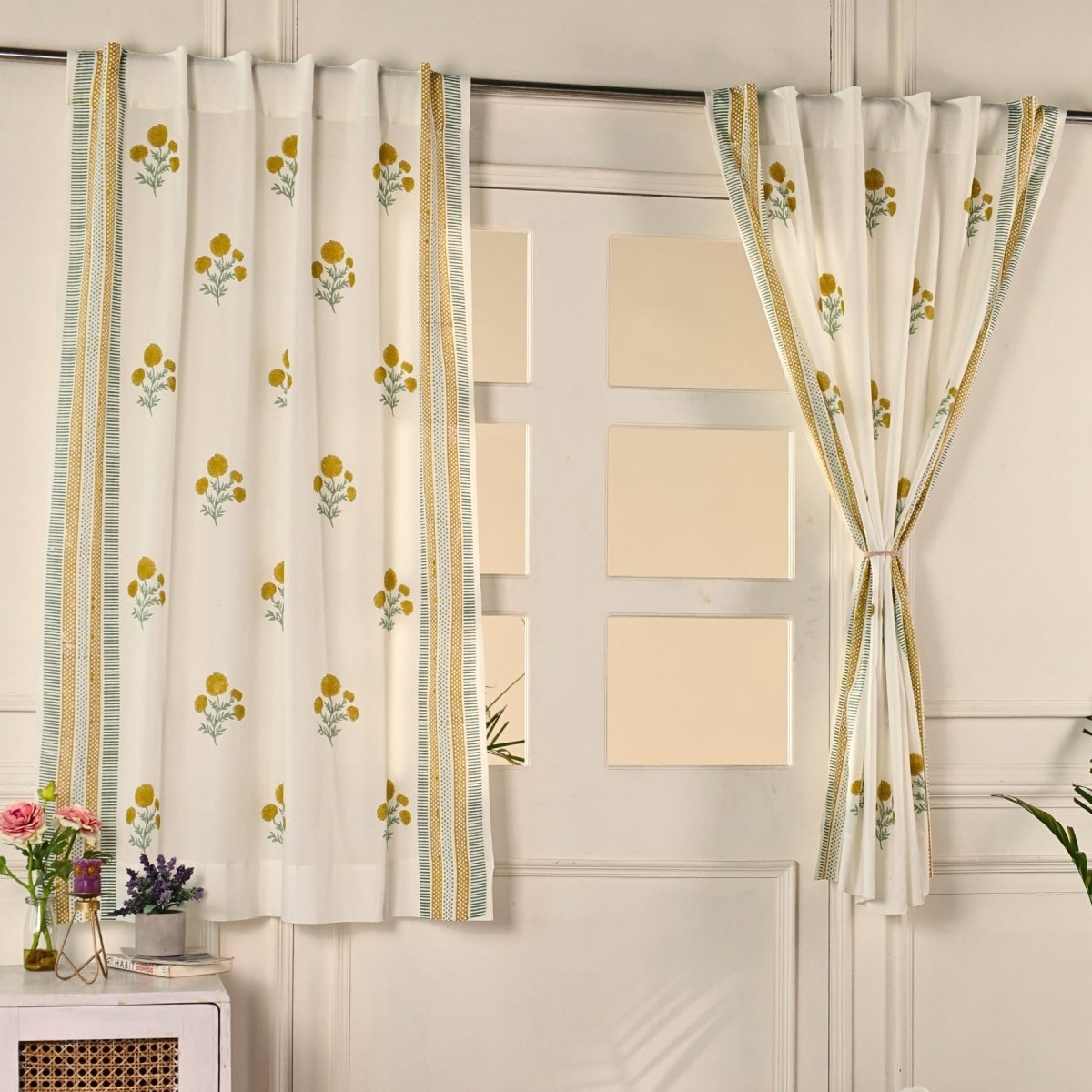 Mustard and Teal Sheer Cotton Window And Door Curtains | 5 / 7 ft | Marigold Collection