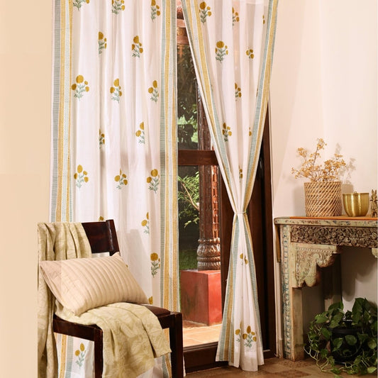 Mustard and Teal Sheer Cotton Window And Door Curtains | 5 / 7 ft | Marigold Collection