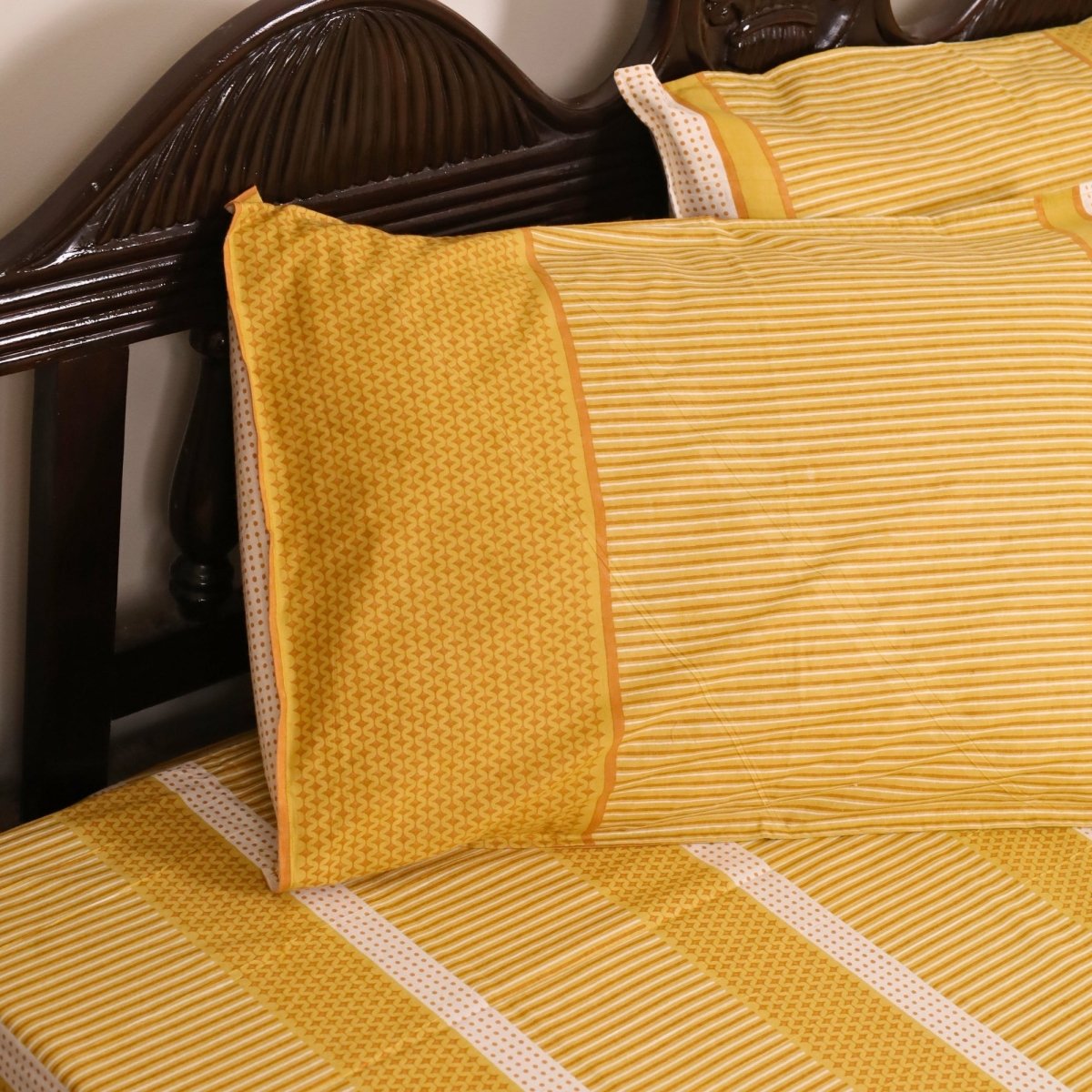Mustard, Gold & Off white Textured Cotton Bedsheet with Pillow Cover | Marigold Collection