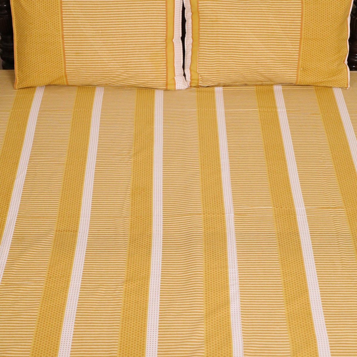 Mustard, Gold & Off white Textured Cotton Bedsheet with Pillow Cover | Marigold Collection