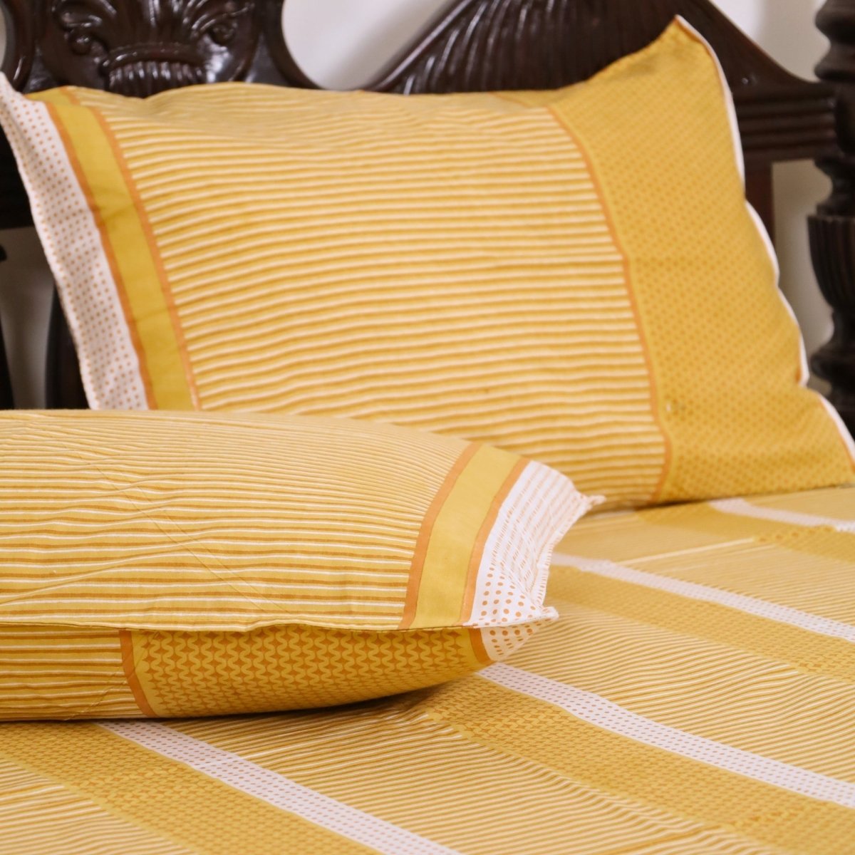 Mustard, Gold & Off white Textured Cotton Bedsheet with Pillow Cover | Marigold Collection