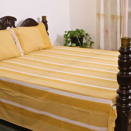 Mustard, Gold & Off white Textured Cotton Bedsheet with Pillow Cover | Marigold Collection