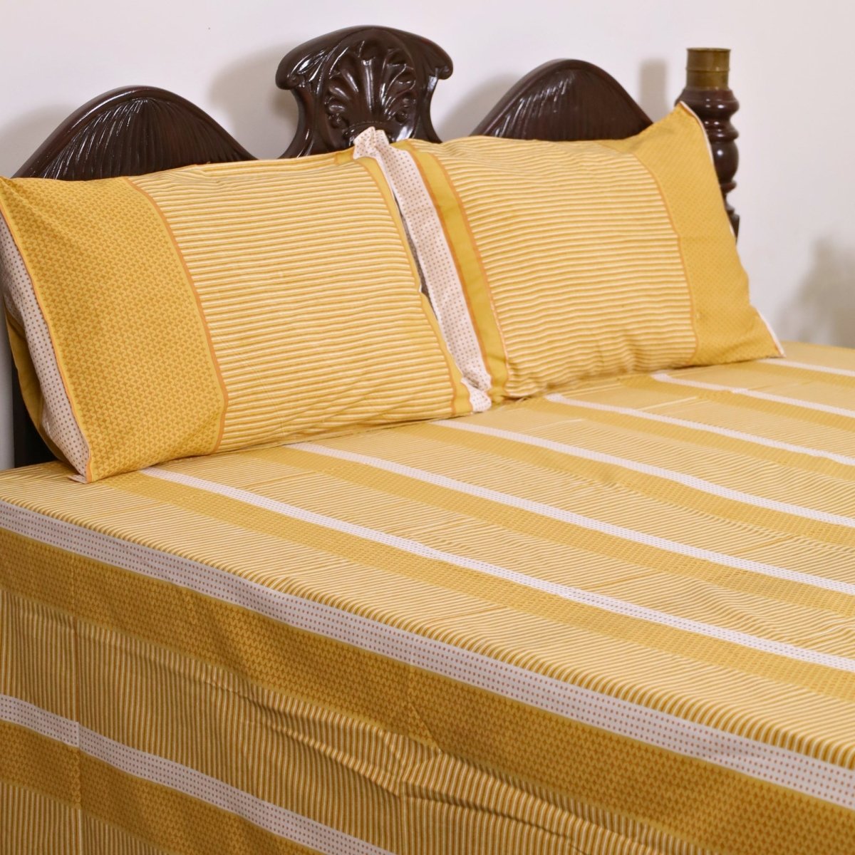 Mustard, Gold & Off white Textured Cotton Bedsheet with Pillow Cover | Marigold Collection