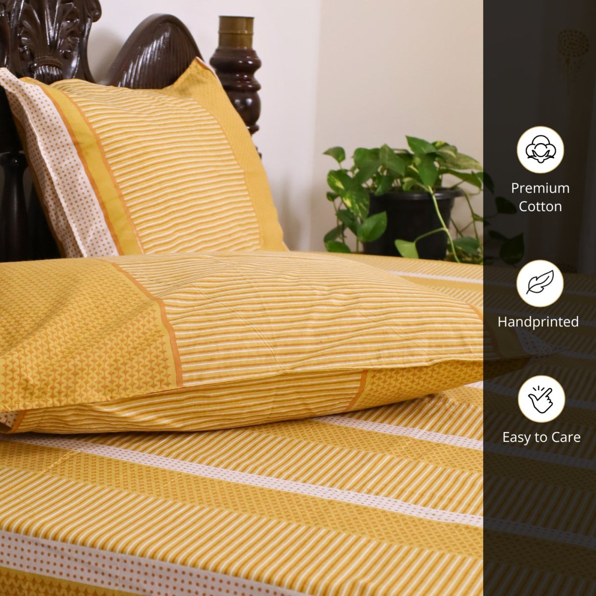 Mustard, Gold & Off white Textured Cotton Bedsheet with Pillow Cover | Marigold Collection