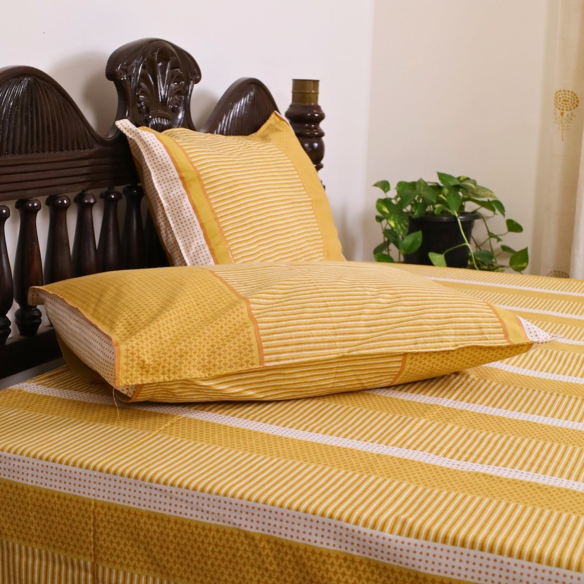 Mustard, Gold & Off white Textured Cotton Bedsheet with Pillow Cover | Marigold Collection