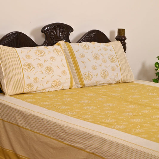 Mustard & Off White Bedsheet with Pillow Cover | Marigold Collection