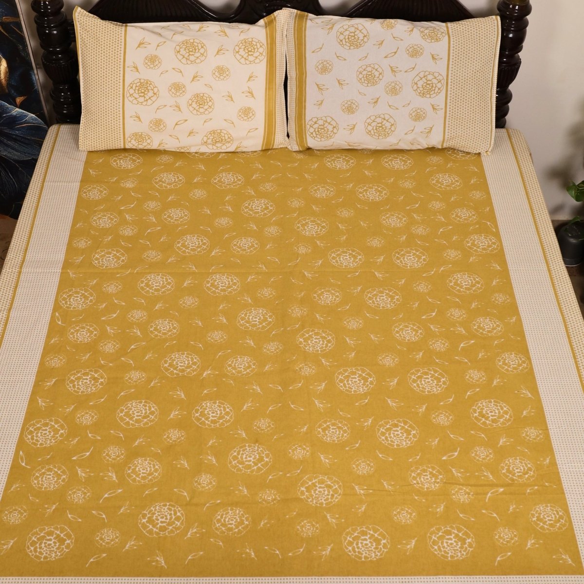 Mustard & Off White Bedsheet with Pillow Cover | Marigold Collection
