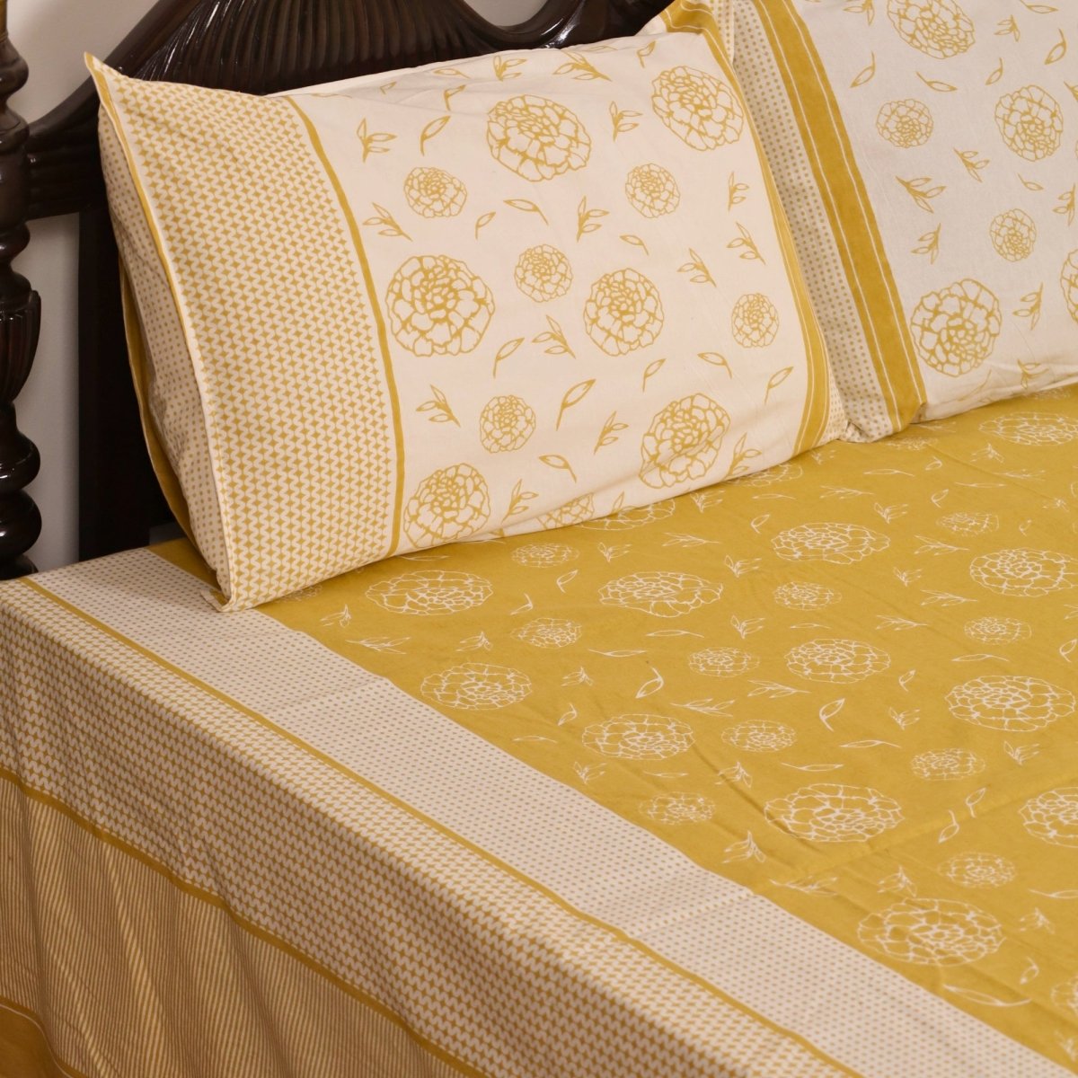 Mustard & Off White Bedsheet with Pillow Cover | Marigold Collection