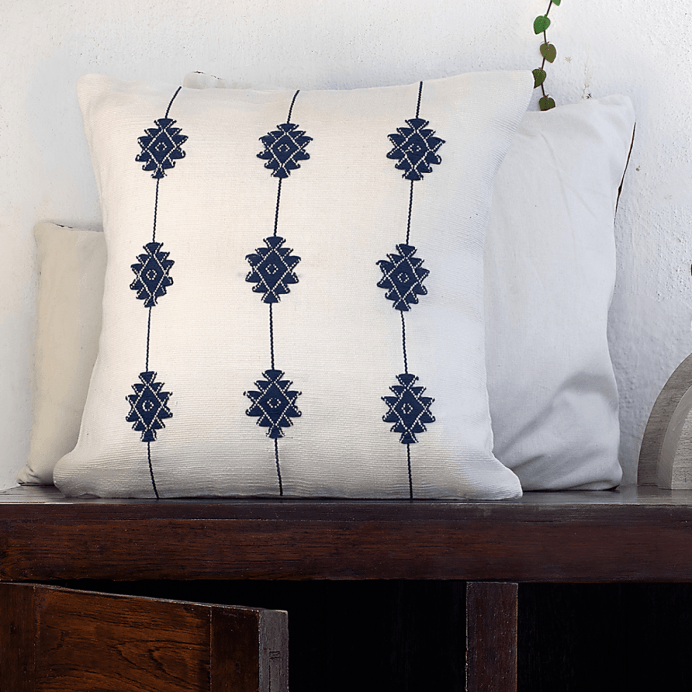Blue on White  Floral Handwoven Cushion Cover