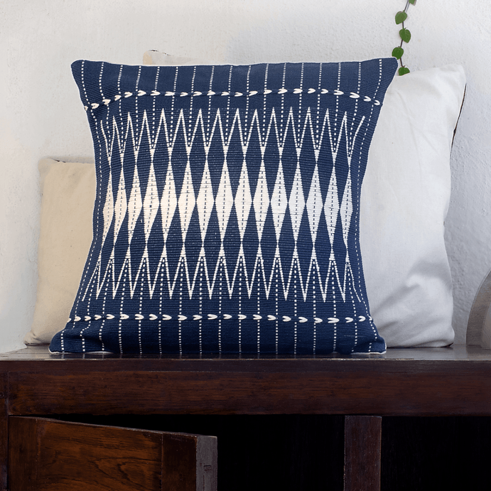 Blue & White Thread Work Handmade Cotton Cushion Cover