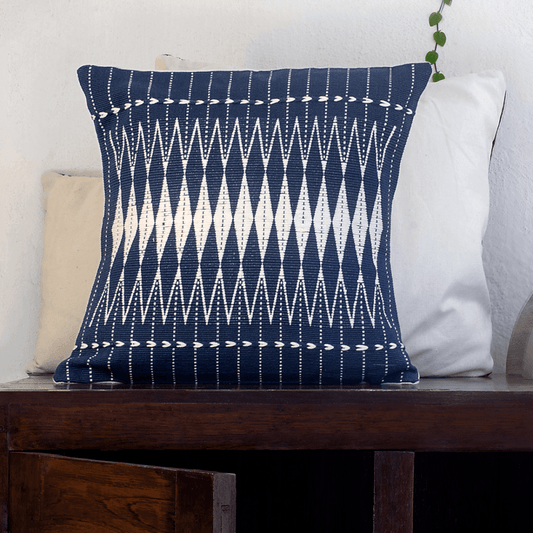 Blue & White Thread Work Handmade Cotton Cushion Cover