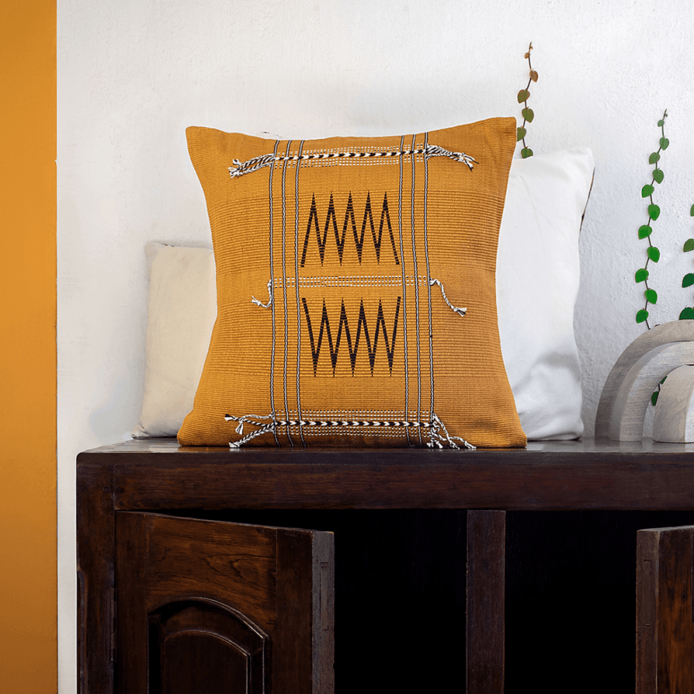 Vibrant Appeal: Mustard Zig Zag Handwoven Cotton Cushion Cover