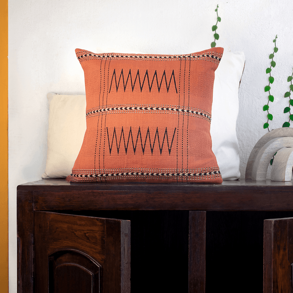 Earthy Elegance: Rust Handwoven Cushion Cover with Zig-Zag Pattern