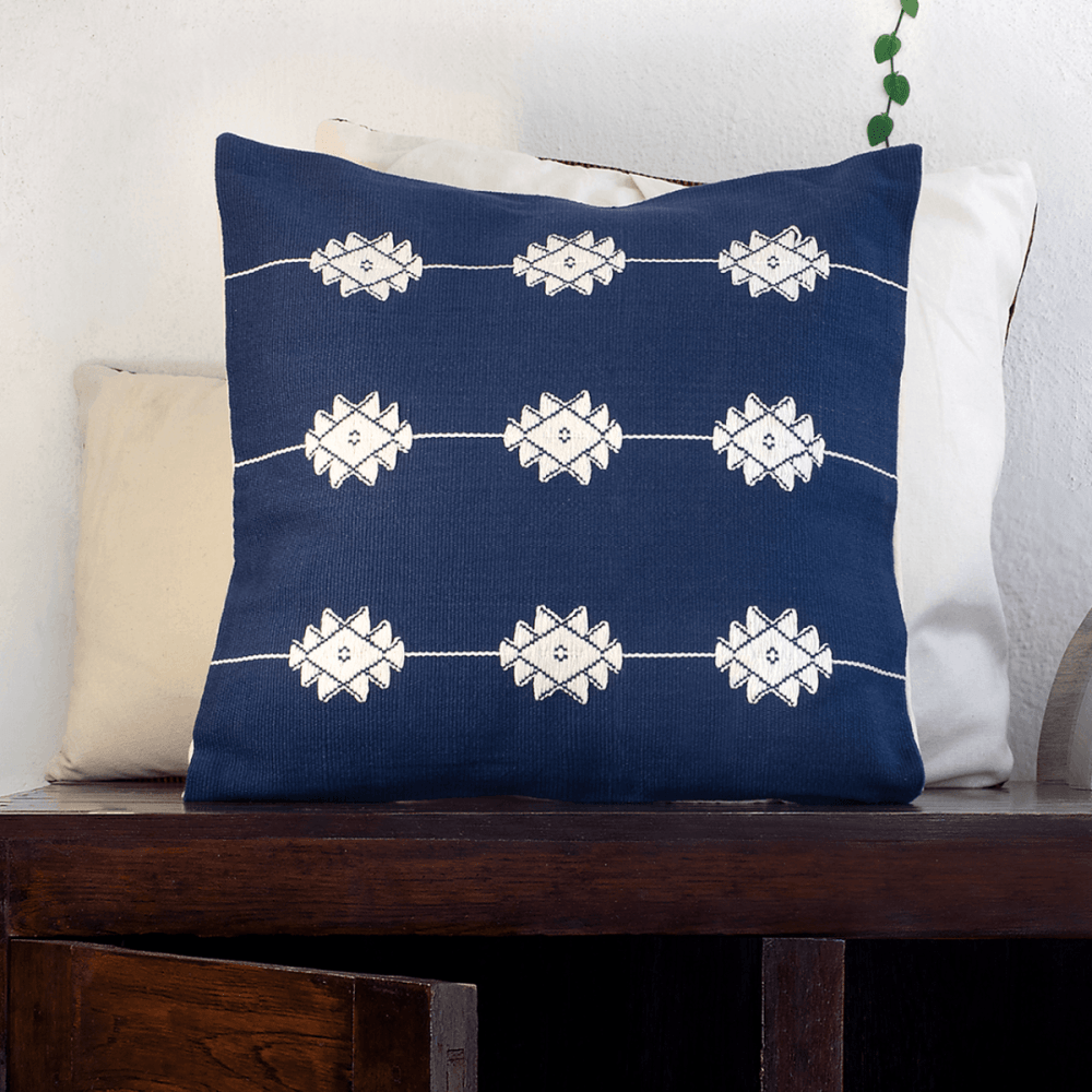 White on Blue Floral Handwoven Cushion Cover