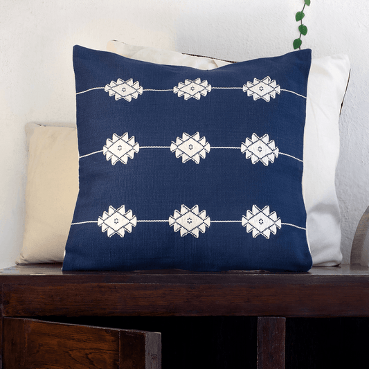 White on Blue Floral Handwoven Cushion Cover
