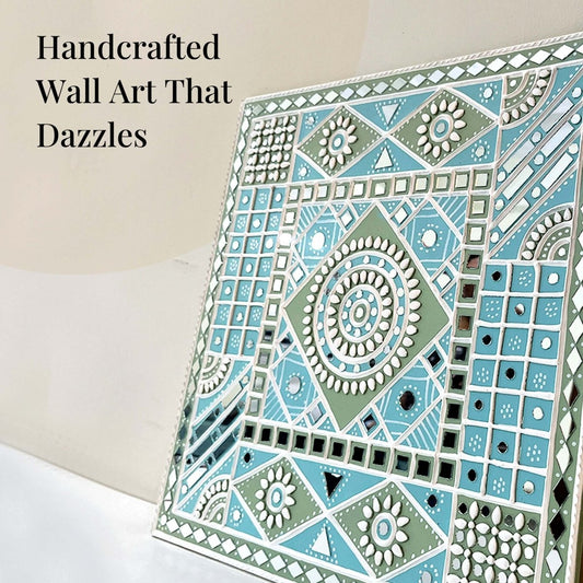 Handmade ocean blue sparkles mud art wall hanging, adding a vibrant and shimmering touch