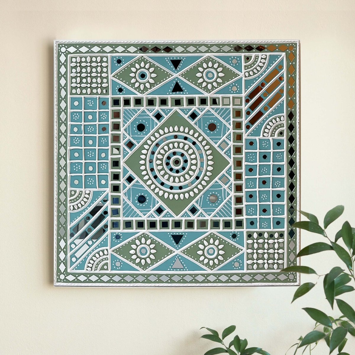 Artisanal ocean blue sparkles handmade mud art wall hanging, showcasing traditional craftsmanship