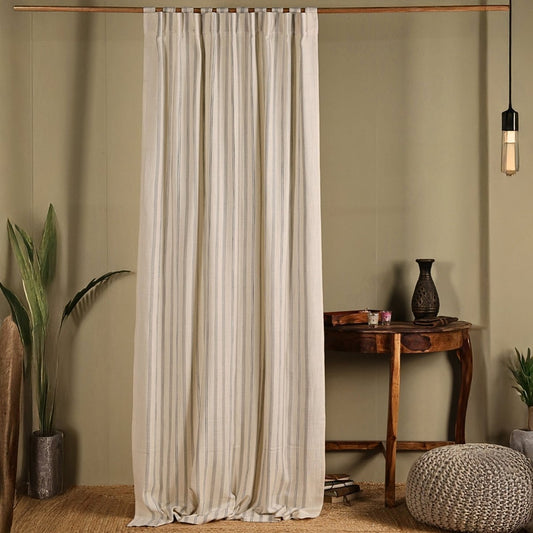 Off-White & Charcoal Handwoven Cotton Striped Curtain | 7 ft/9 ft Length